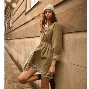 MADEWELL Embroidered Square Neck‎ Corduroy Minidress, Small (2/4), Tan, NWT